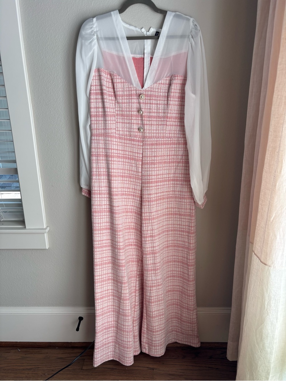 SHEIN New Pink Tweed Jumpsuit with White Sheer Sleeves